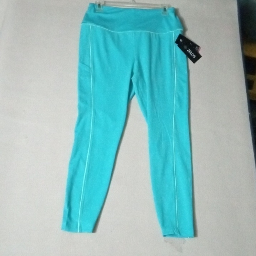Zelos Leggings size L, Aqua with Neon Green strip, side pockets NWT
